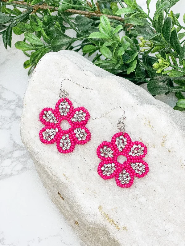 Hoop earrings with infinity loop designs for a continuous and eternal shape-Glitzy Flower Beaded Dangle Earrings - Hot Pink