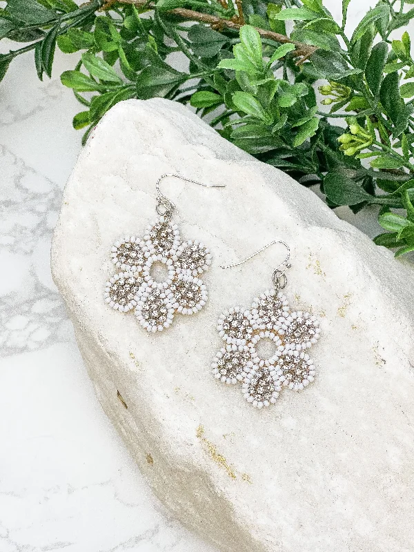 Best hoop earrings with matte finish for a sophisticated, understated design-Glitzy Flower Beaded Dangle Earrings - White