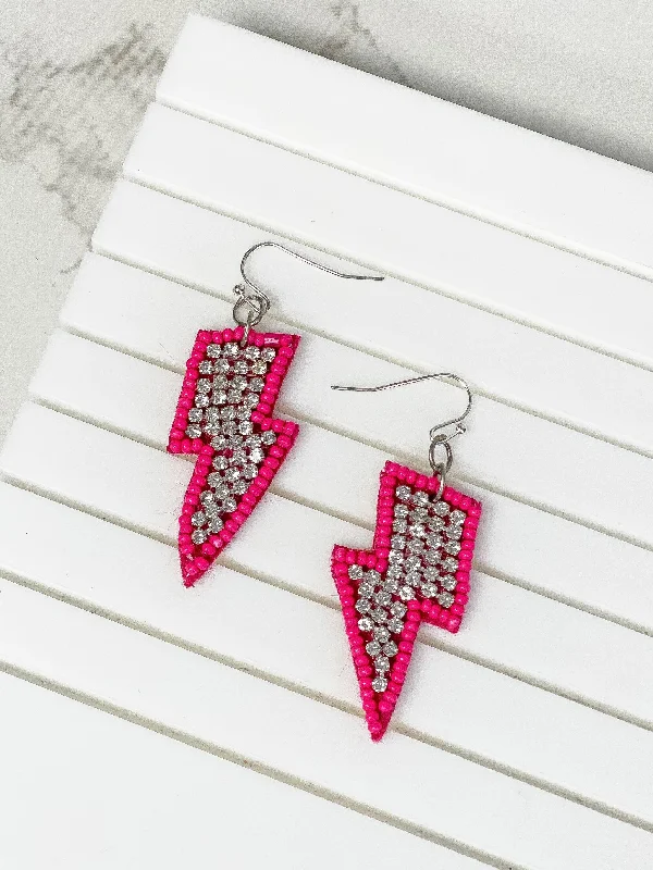 Hoop earrings with leather accents for a sleek and bold combination-Glitzy Lightning Bolt Beaded Dangle Earrings - Hot Pink