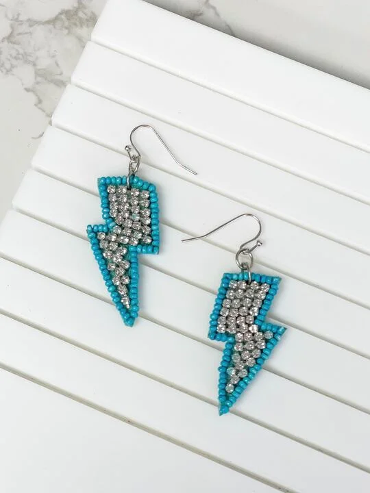 Hoop earrings with gold accents for a warm, elegant statement piece-Glitzy Lightning Bolt Beaded Dangle Earrings - Turquoise