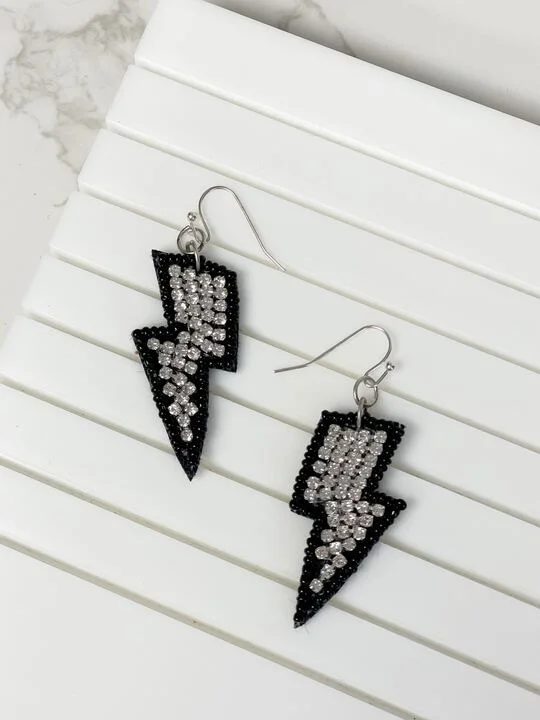 Hoop earrings with polished silver finish for a shiny, modern appeal-Glitzy Lightning Bolt Beaded Dangle Earrings - Black