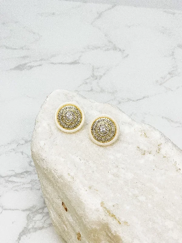 Hoop earrings with leather accents for a sleek and bold combination-Glitzy White Medallion Post Earrings