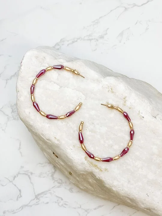 Hoop earrings with oversized pearl accents for a statement-making look-Gold Beaded Skinny Hoop Earrings - Burgundy