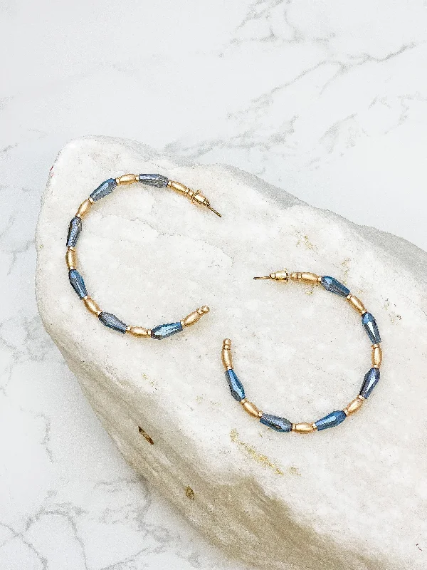 Best hoop earrings with snake-inspired designs for an edgy and fierce vibe-Gold Beaded Skinny Hoop Earrings - Navy