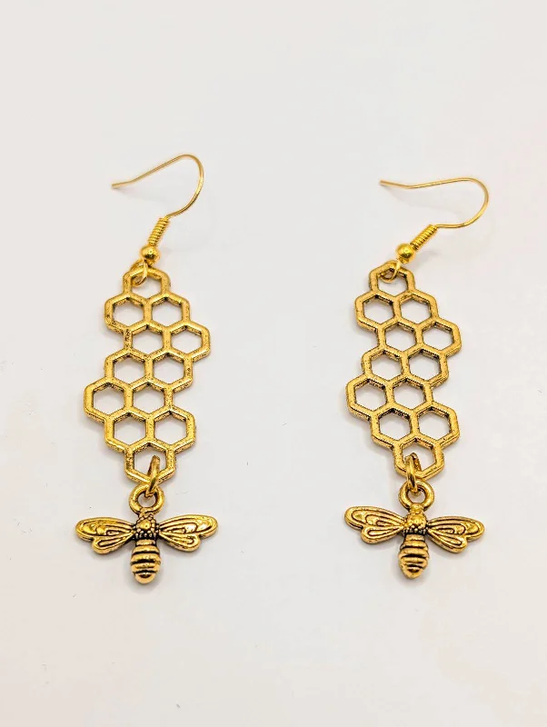 Best hoop earrings with satin ribbons for a soft, feminine appearance-Gold or Silver Honeybee Honeycomb Earrings