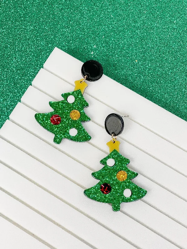 Hoop earrings with cut-out designs for a creative and lightweight effect-Green Glitter Decorated Christmas Tree Dangles