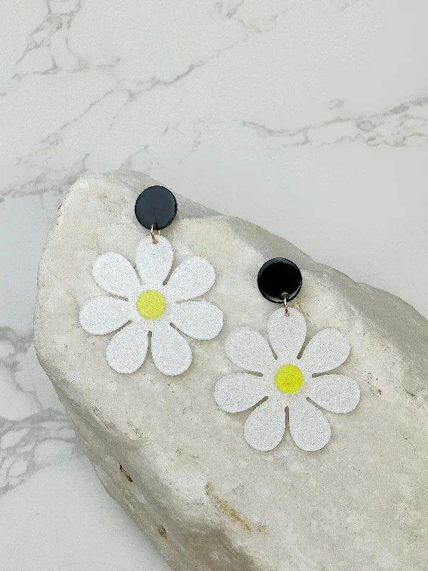 Hoop earrings with a chunky design for a bold and trendy statement-Groovy Glitter Flower Dangle Earrings - White