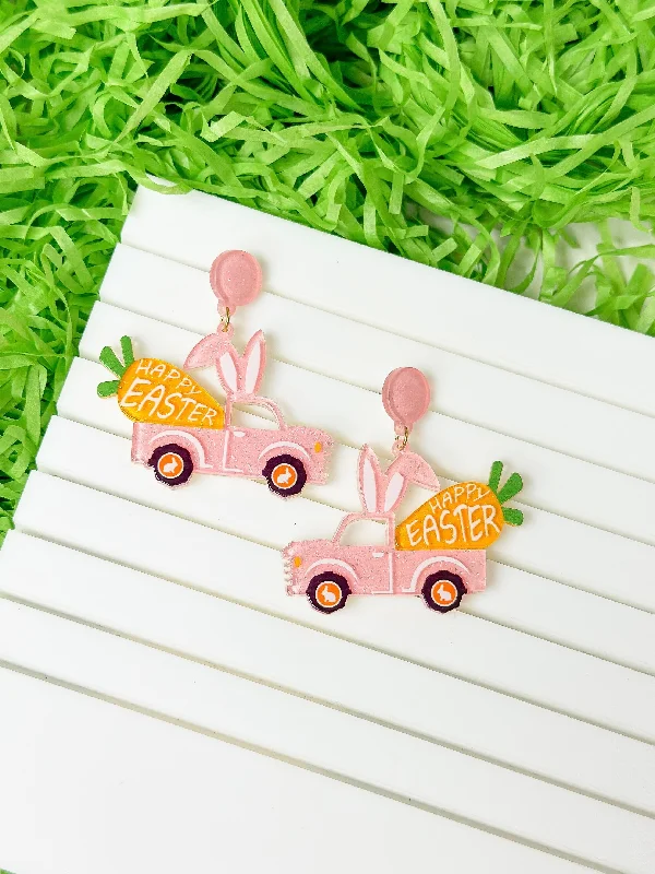 Best hoop earrings with geometric cuts for a sharp, modern appeal-'Happy Easter' Bunny Truck Dangle Earrings