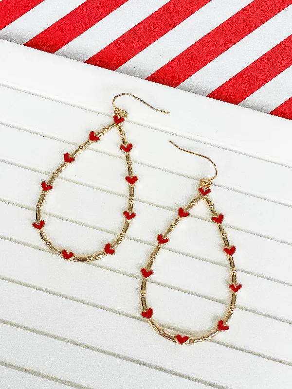 Hoop earrings with colorful beads for a fun and playful vibe-Heart-Studded Teardrop Dangle Earrings - Red