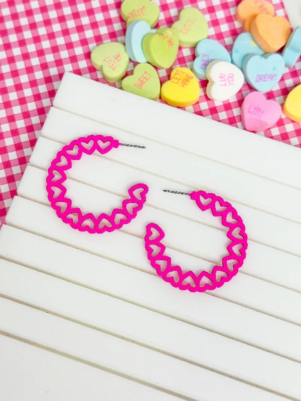 Hoop earrings with floral motifs for a feminine and nature-inspired look-Hoop Of Hearts Earrings - Hot Pink