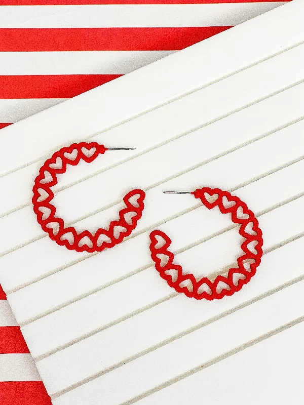 Hoop earrings with leather accents for a sleek and bold combination-Hoop Of Hearts Earrings - Red