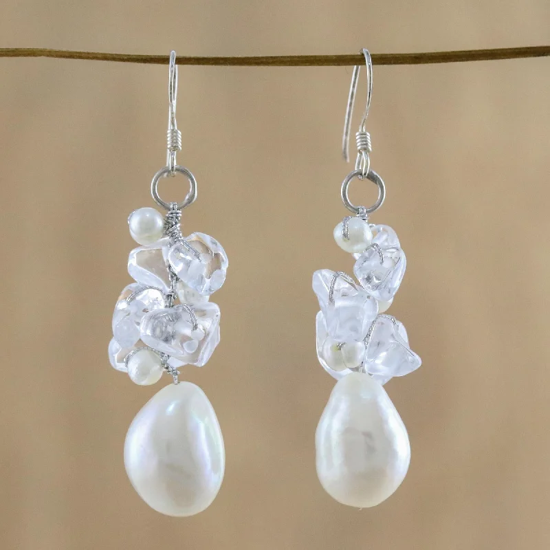 Hoop earrings with intricate designs for a unique and artistic appearance-Icicles Pearl & Quartz Cluster Earrings