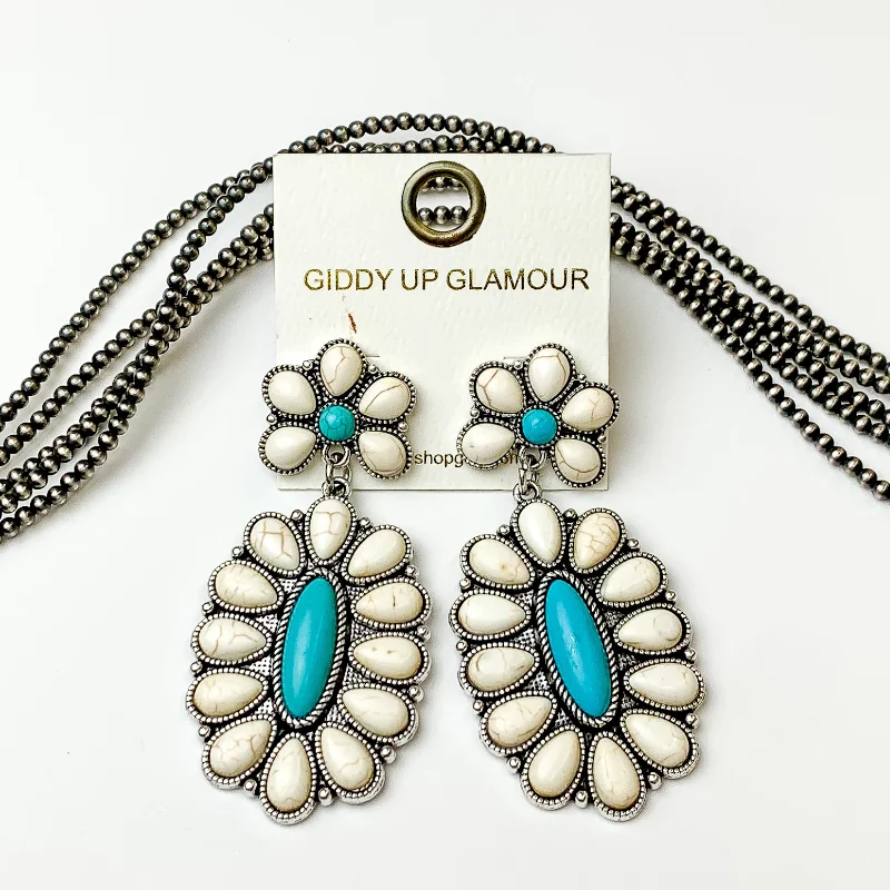 Best hoop earrings with enamel details for a colorful and modern look-Ivory and Turquoise Stone Oval Flower Earrings