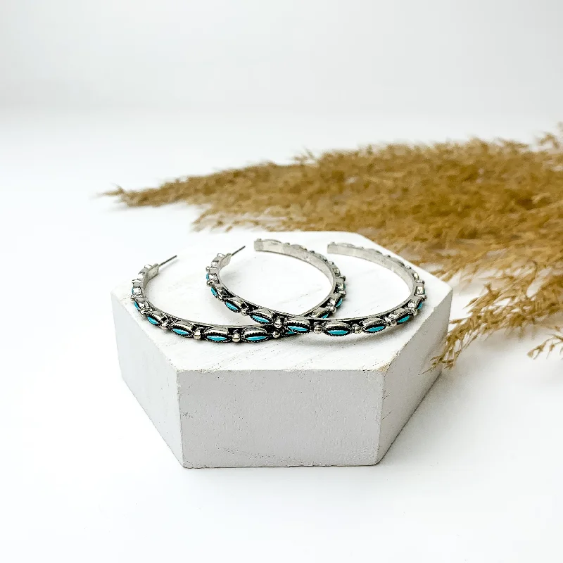 Classic hoop earrings with a thin profile for a sleek and subtle style-Large Silver Tone and Turquoise Hoop Earrings