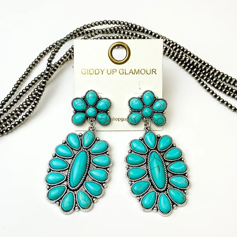 Hoop earrings with intricate designs for a unique and artistic appearance-Turquoise Stone Oval Flower Earrings