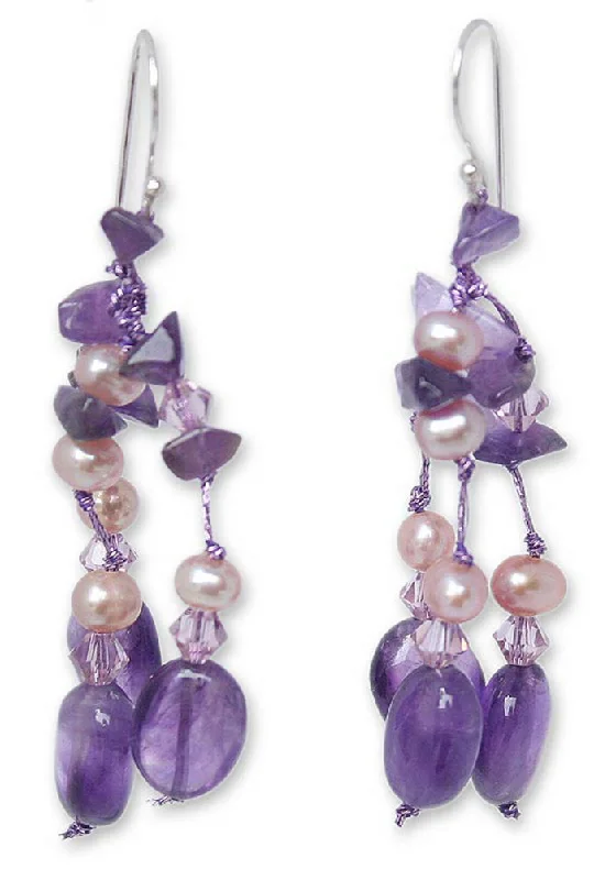 Hoop earrings with abstract wirework for an artistic, unique look-Lavender Ice Dyed Pearl & Amethyst Earrings