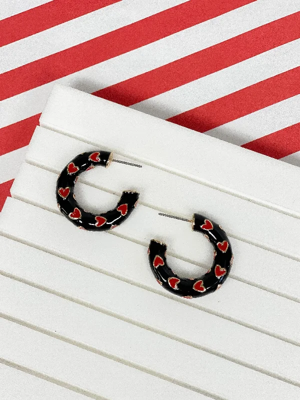 Best hoop earrings with twisted rope designs for a nautical-inspired style-Little Heart-Patterned Enamel Hoop Earrings - Black