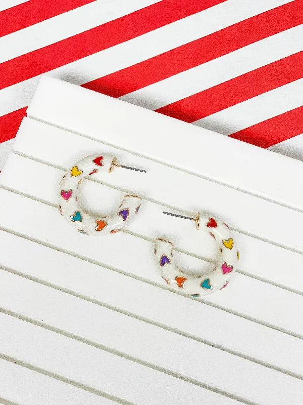 Hoop earrings with enamel stripes for a colorful and eye-catching design-Little Heart-Patterned Enamel Hoop Earrings - White