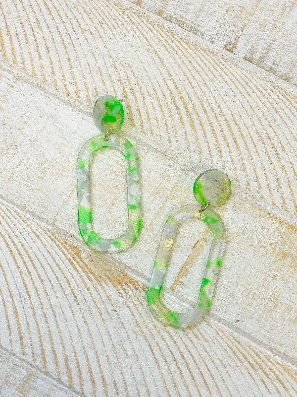 Best hoop earrings with infinity designs for a timeless and meaningful symbol-Marbled Acrylic Neon Oval Dangle Earrings - Green