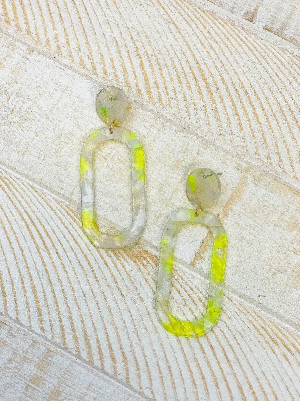 Best hoop earrings with snake chain details for a sleek and modern touch-Marbled Acrylic Neon Oval Dangle Earrings - Yellow