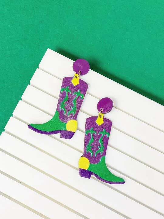 Hoop earrings with intricate designs for a unique and artistic appearance-Mardi Gras Cowboy Boots Dangle Earrings