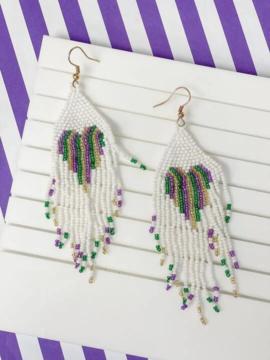 Large hoop earrings for a bold and statement-making fashion accessory-Mardi Gras Heart Beaded Tassel Earrings