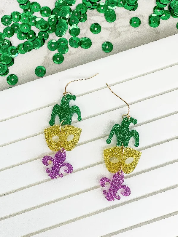 Hoop earrings with faceted crystals for added sparkle and shine-Mardi Gras Mask Glitter Trio Dangle Earrings