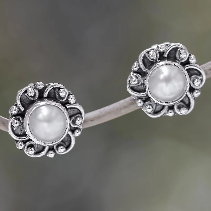 Hoop earrings with hearts for a sweet and romantic gesture-Moonlit Blossoms Pearl Sterling Silver Earrings