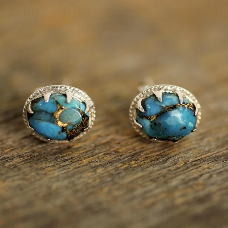 Hoop earrings with hammered textures for a boho-chic and rustic vibe-Morning in Blue Oval Turquoise & Silver Button Earrings