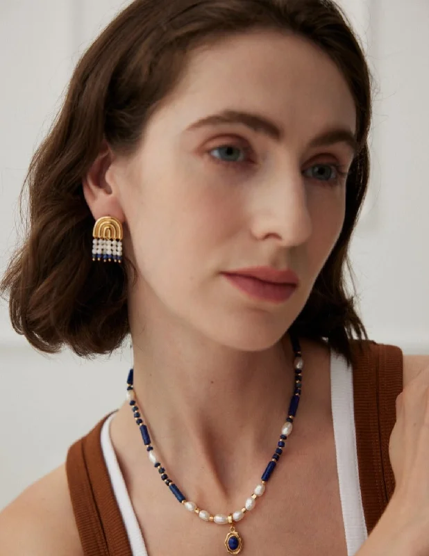 Hoop earrings with oversized designs for a bold, fashion-forward statement-Mother-of-pearl Lapis Lazuli Tassel Earrings