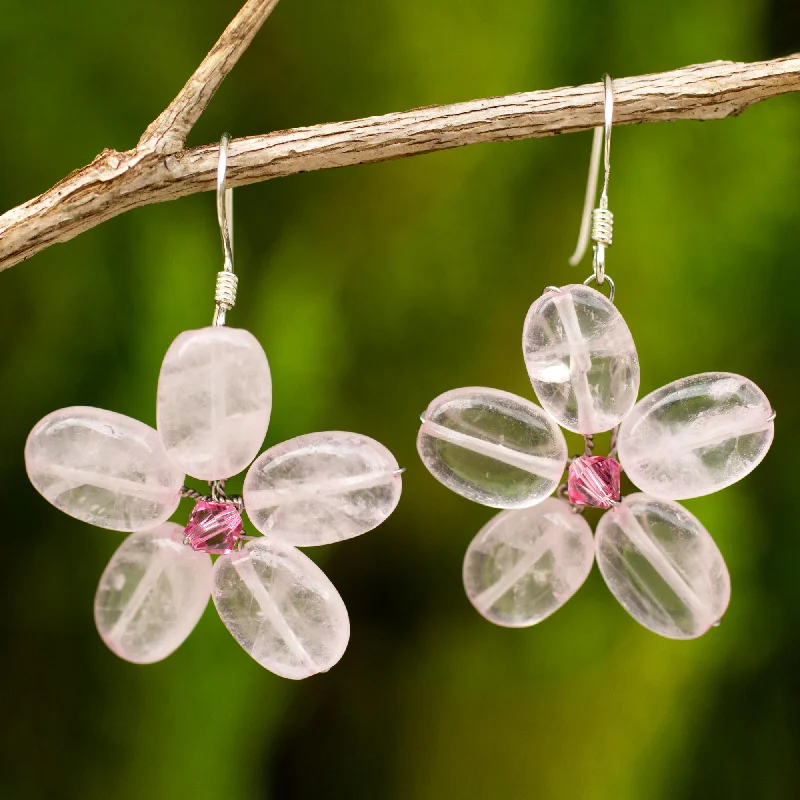 Hoop earrings with hammered textures for a boho-chic and rustic vibe-Mystic Daisy Rose Quartz Beaded Earrings