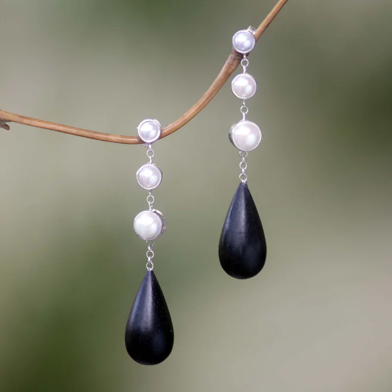 Hoop earrings with abstract shapes for an artistic and creative touch-Night Tear Pearl Silver & Wood Dangle Earrings