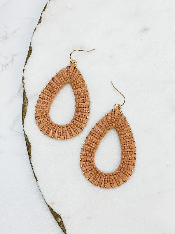 Hoop earrings with snake print designs for an edgy, wild appearance-Oval Raffia Beaded Dangle Earrings - Beige