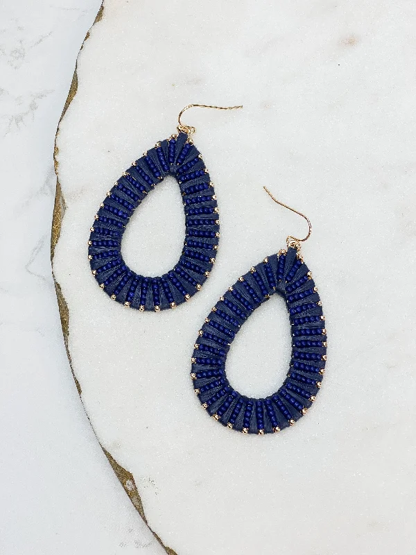 Best hoop earrings with geometric hexagon shapes for a modern, angular look-Oval Raffia Beaded Dangle Earrings - Navy