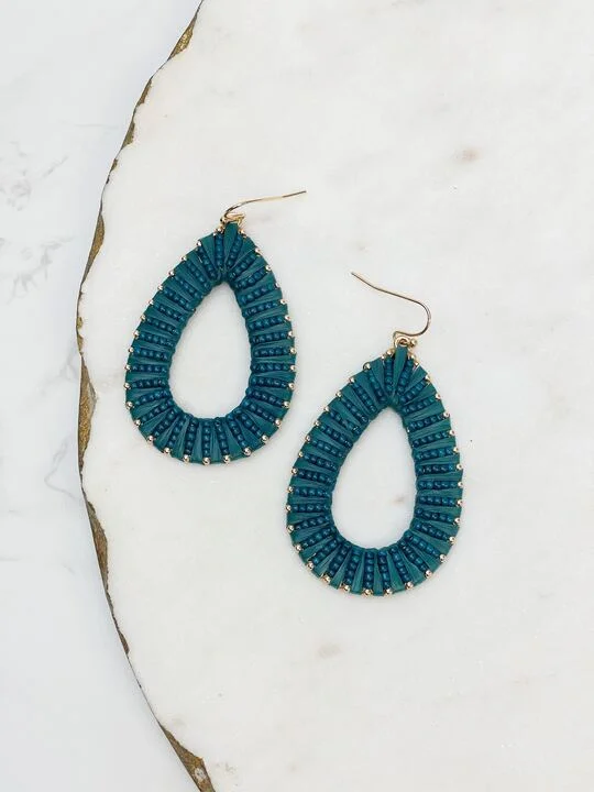 Hoop earrings with enamel stripes for a colorful and eye-catching design-Oval Raffia Beaded Dangle Earrings - Teal