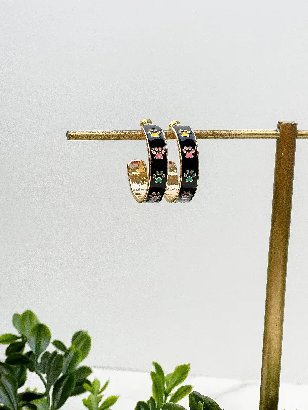 Best hoop earrings with floral designs for a feminine and delicate look-Paw Pattern Enamel Hoop Earrings - Black Multi