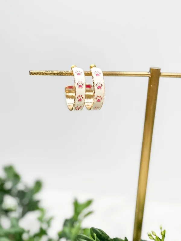 Hoop earrings with pearl accents for a chic and classic style-Paw Pattern Enamel Hoop Earrings - Ivory & Pink Paw