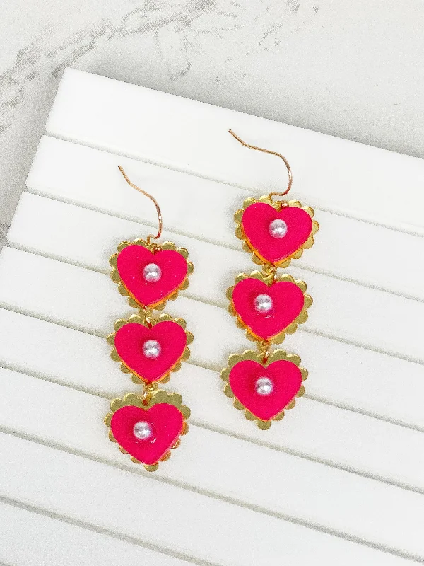 Best hoop earrings with vintage-style detailing for a nostalgic and timeless look-Pearly Heart Trio Dangle Earrings - Hot Pink