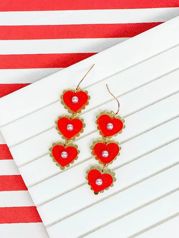 Best hoop earrings with oval shapes for a unique and elongated design-Pearly Heart Trio Dangle Earrings - Red