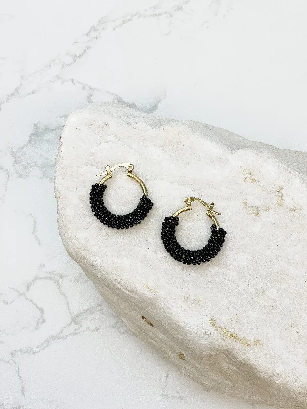 Best hoop earrings with minimal embellishments for a sleek and modern look-Petite Seed Bead Hoop Earrings - Black