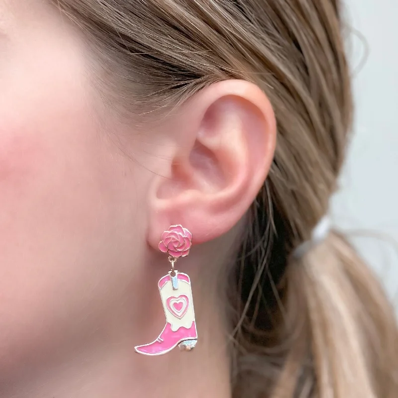 Best hoop earrings with angel wing accents for a spiritual and meaningful design-Pink Rose Cowboy Boot Dangle Earrings