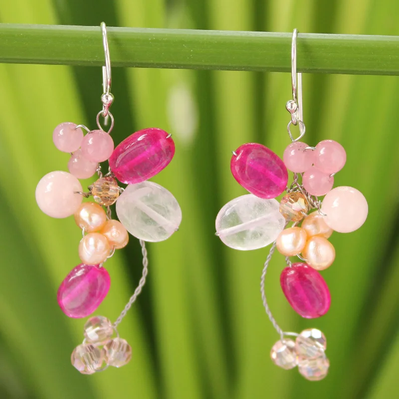 Best hoop earrings with stacked layers for a dimensional and bold look-Radiant Pink Bouquet Pearl Cluster Dangle Earrings