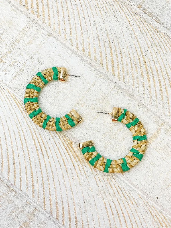 Best hoop earrings with geometric cuts for a sharp, modern appeal-Raffia Striped Hoop Earrings - Green