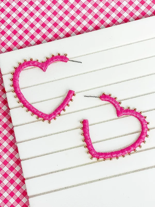 Hoop earrings with enamel stripes for a colorful and eye-catching design-Raffia Wrapped Gold Stud Heart Hoops - Pink