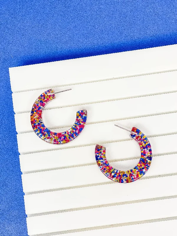 Hoop earrings with polished metal for a shiny and high-quality finish-Rainbow Confetti Glitter Clear Resin Hoops