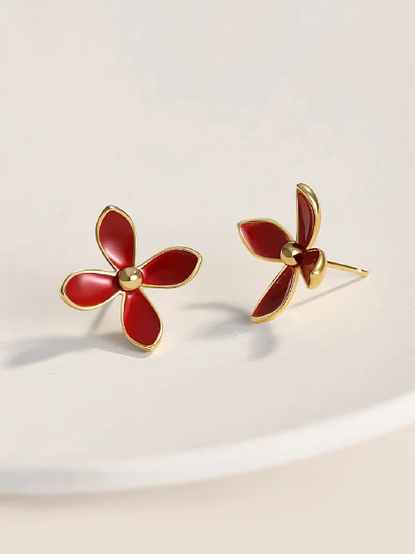 Best hoop earrings with custom engravings for a personalized and meaningful gift-Red Enamel Glaze Earrings Flower Vitality in Bloom