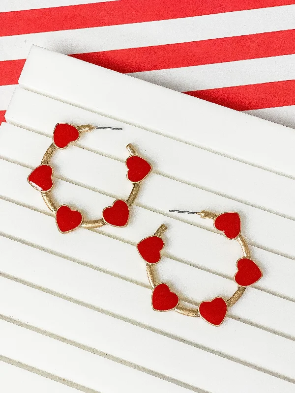 Hoop earrings with removable pendants for a versatile and customizable accessory-Red & Gold Heart Station Hoops