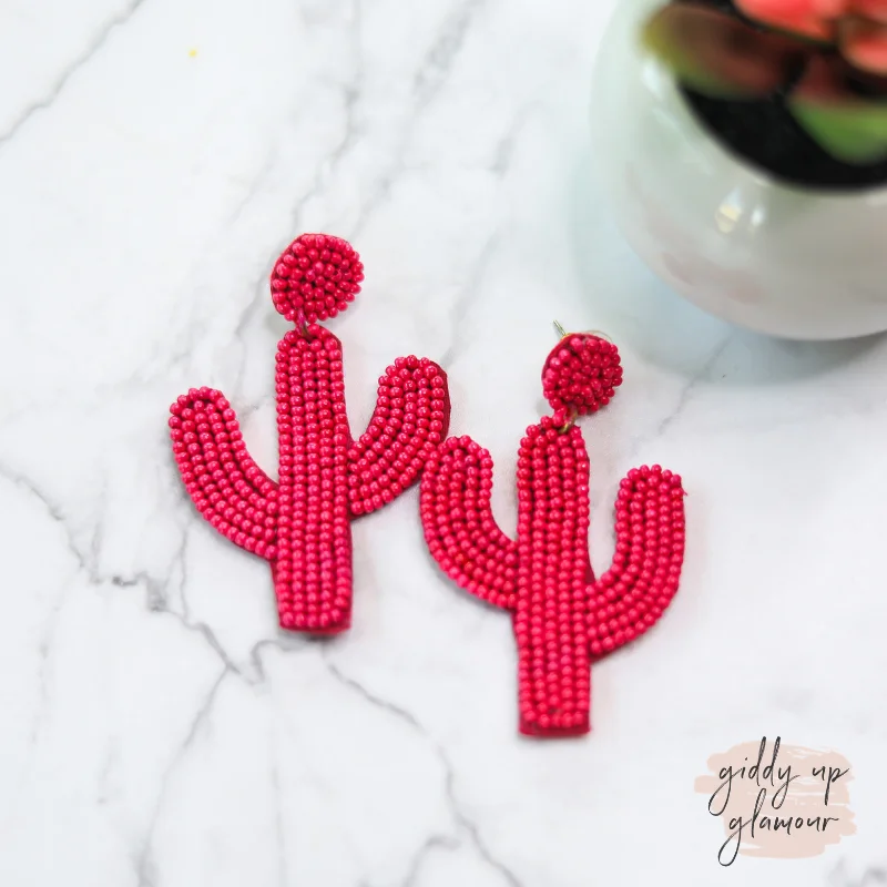 Medium hoop earrings for an everyday look with the perfect balance of style-Seed Bead Cactus Earrings in Fuchsia