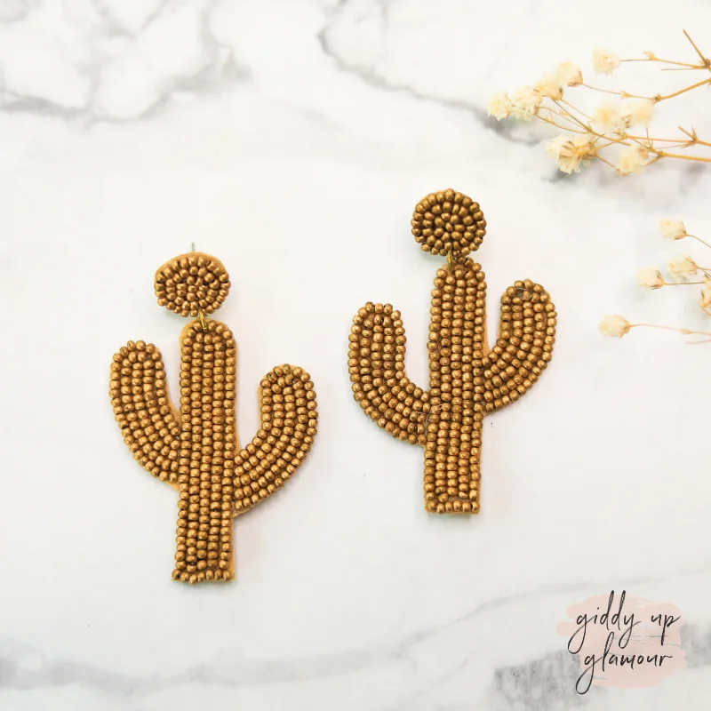 Best hoop earrings with floral designs for a feminine and delicate look-Seed Bead Cactus Earrings in Gold