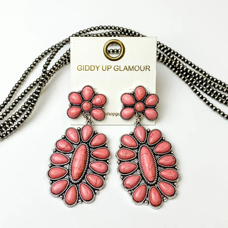 Hoop earrings with braided patterns for a detailed and textured finish-Silver and Coral Pink Stone Oval Flower Earrings